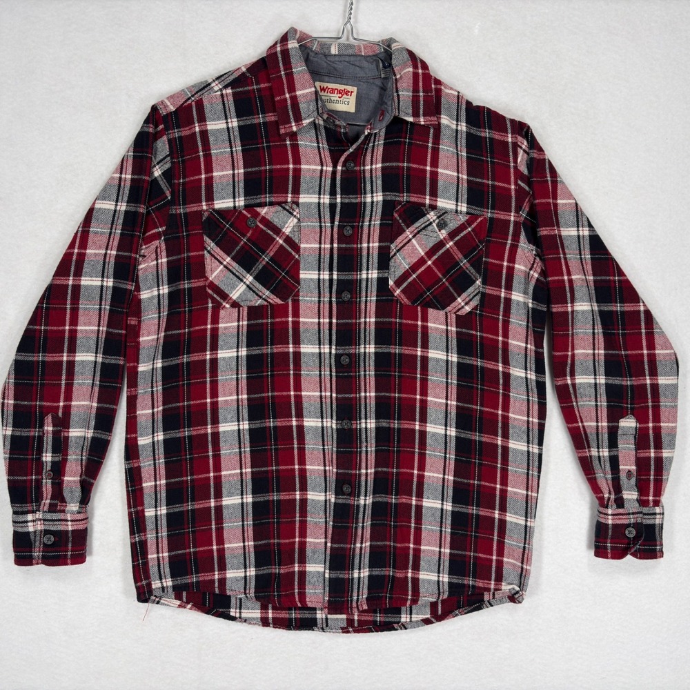 Wrangler Authentics Mens Small Red Black Plaid Flannel Button Down Shirt Cotton